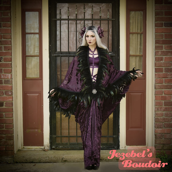 Dark Purple Burn Out Velvet Kimono, Black Feather Fringe Vampire