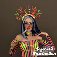 Neon UV Reactive Rainbow Headpiece, Cheeky Femme Festival Headband, Glowing Woman Female Mermaid Queen Majestic Crown, Festival Electric Rave Headdress, Black light Costume, Goddess Cosmic Headpiece, Empress Mardi Gras Carnival Headwear