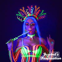 Neon UV Reactive Rainbow Headpiece, Cheeky Femme Festival Headband, Glowing Woman Female Mermaid Queen Majestic Crown, Festival Electric Rave Headdress, Black light Costume, Goddess Cosmic Headpiece, Empress Mardi Gras Carnival Headwear