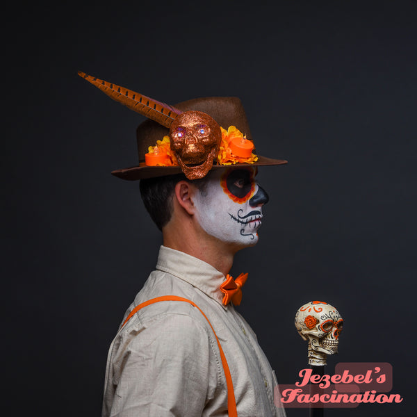 Brown Orange Fedora Skull Dia de los Muertos Candle Pheasant Feather Cempazuchitl Feather Skull Day of the Dead Hat Mens Light Up Cempasuchil Catrin Costume Halloween Cempazuchitl Marigold Festival Party Hand Made Unique New Orleans