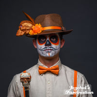 Brown Orange Fedora Skull Dia de los Muertos Candle Pheasant Feather Cempazuchitl Feather Skull Day of the Dead Hat Mens Light Up Cempasuchil Catrin Costume Halloween Cempazuchitl Marigold Festival Party Hand Made Unique New Orleans