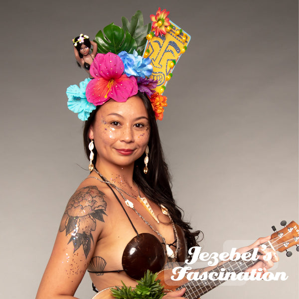 Large Tiki Tropical Floral Headpiece Light Up Pineapple Totem Hibiscus Polynesian Pop Headdress Hawaiian Oasis Flower Exotic Luau Hand Made Hula Girl Hukilau Festival