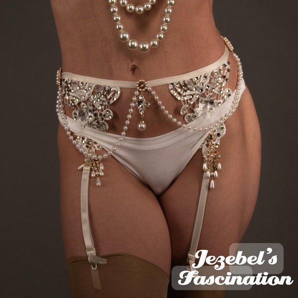 White Sexy Garter Belt Crystal Boudoir Burlesque Pearl Lace Thigh