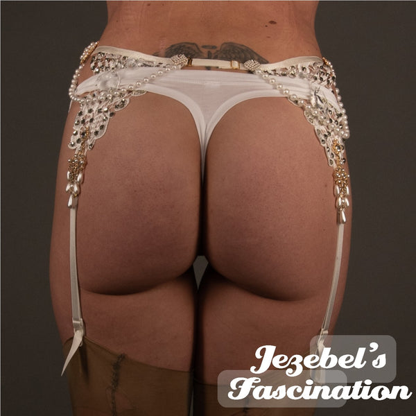 White Sexy Garter Belt Crystal Boudoir Burlesque Pearl Lace Thigh High Jezebel's Fascination White Sexy Garter Belt Crystal Boudoir Burlesque Pearl Lace Thigh High Jezebel's Fascination