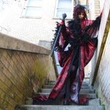 Red Art Nouveau Feather Bat Wing Dressing Gown Gothic Fringe Witch Occult Satanic Baphomet Demon WGT Duster Damask Devil Cocoon Robe Burgundy Poiret Kimono Flowing Black Magic 666 Queen Burlesque Costume Goddess Majestic Halloween New Orleans