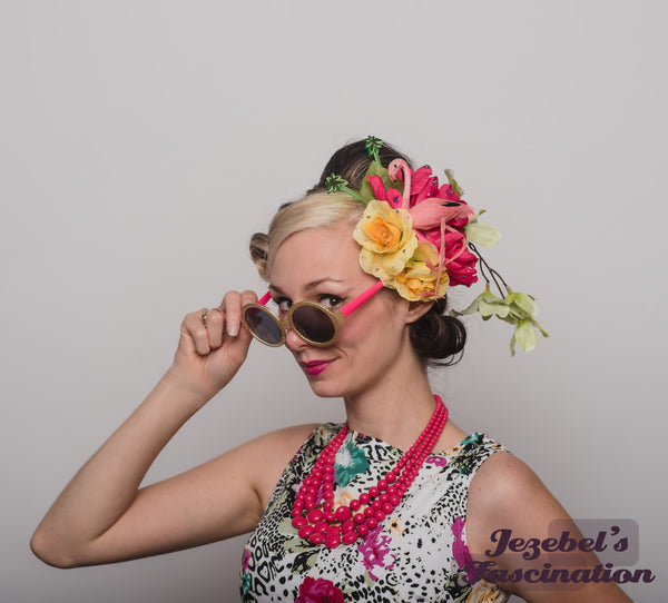 Tiki Luau Tropical Flamingo Fascinator Beach Hair Flower Summer Party Hula Headpiece Pink Yellow Mint Palm Tree Oasis Pin Up Hawaiian Crystal Tikibilly Dapper Day Hukilau Garden Party Spring Rose Quirky Unique Hand Made Funny Festival New Orleans Headwear