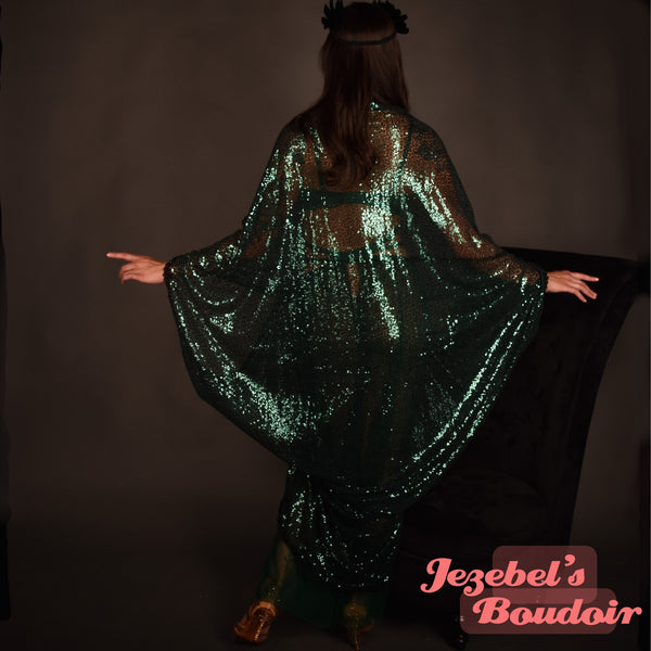 Emerald Green Sequin Art Nouveau Bat Wing Dressing Gown Cocoon Robe Du Jezebel's Fascination Emerald Green Sequin Art Nouveau Bat Wing Dressing Gown Cocoon Robe Du Jezebel's Fascination