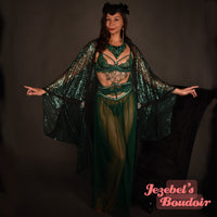 Emerald Green Sequin Art Nouveau Bat Wing Dressing Gown Cocoon Robe Duster Fortune Teller Gatsby Oracle Flowing Kimono 1920s Belly Dance Wrap Drag Queen Burlesque Dark Deco Theater Vaudeville Halloween Costume Carnival Goddess Majestic Jewel Tone