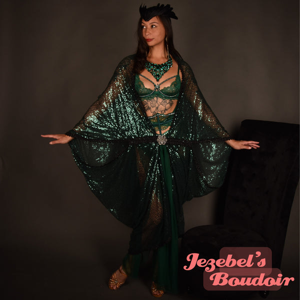 Emerald Green Sequin Art Nouveau Bat Wing Dressing Gown Cocoon Robe Du Jezebel's Fascination Emerald Green Sequin Art Nouveau Bat Wing Dressing Gown Cocoon Robe Du Jezebel's Fascination