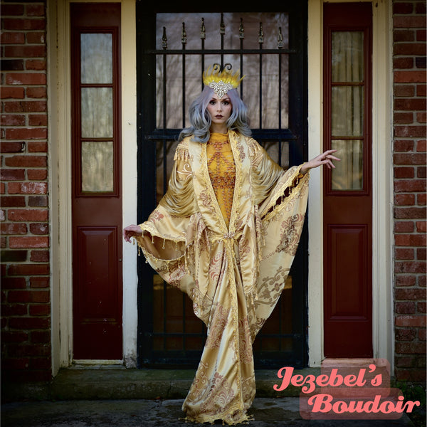 Majestic Golden Damask Brocade Robe, Regal Fortune Teller Art Nouveau Reveal, Bat Wing Bohemian Dressing Gown, Cocoon Beaded Fringe Duster Drag Queen
