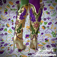 Golden Mardi Gras High Heel Boots, New Orleans Carnival Parade Shoes, Purple Green Cowboy Heels Party Fleur de Lis Louisiana Decorated Hand Made Unique Beaded Cowgirl Jezebel's Fascination