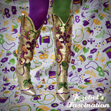 Golden Mardi Gras High Heel Boots, New Orleans Carnival Parade Shoes, Purple Green Cowboy Heels Party Fleur de Lis Louisiana Decorated Hand Made Unique Beaded Cowgirl Jezebel's Fascination