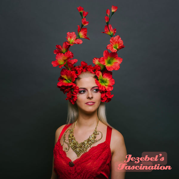 Red Floral Festival Nature Headdress Renaissance Fairy Fantasy Burning Man Electric Forest Flower Crown Fantasy Spring Summer Fire Faerie Dragon Headpiece Horn Vine Cosplay Tropical Nymph Sprite Theater Unique Hand Made Jezebel's Fascination