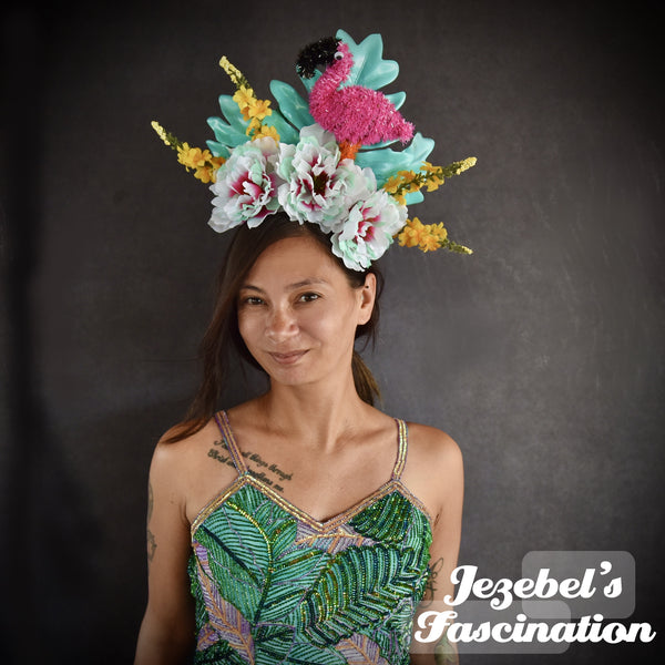 Tiki Luau Tropical Pink Flamingo Fascinator, Polynesian Pop Beach Hair Flower, Summer Oasis Party Headpiece, Mint Yellow Leaves Pin Up Tikibilly Dapper Day Hukilau Tikibilly, Hulabilly Garden Party Spring Quirky Unique Hand Made Funny Festival Headwear
