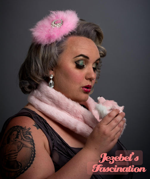 Glamorous Pink Powderpuff Pearl Fascinator 1940s Conceptual Furry Headpiece Girly Retro Pillbox Dance 50s Hatinator Silver Burlesque Hand Made Headwear Dance Unique Quirky New Orleans Starlet Fur Pastel Dapper Day Feater Romantic Rococo Punk Tea Party
