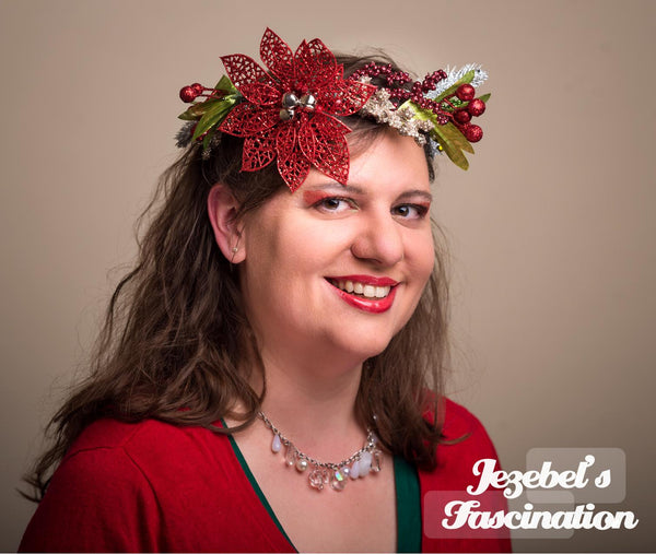 Christmas Poinsettia Circlet Berry Holiday Season Crown Hand Made Red Silver Green Berries Yule Headpiece Bells Headdress Wreath Hair Flair Unique Miracle Wreath Tacky Ugly Sweater Kitsch Kitschmas Party Accessories New Orleans Floral