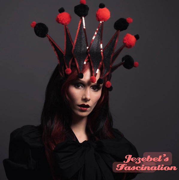 Harley Quinn Nerdlesque Jester Headdress Red Black Pom Pom Comic Con C â Jezebel's Fascination