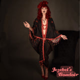 Mystical Snake Moon Phases Kimono Beaded Fringe Duster Magic Hands Gothic Fortune Teller Bohemian Oracle Goddess Bat Wing Witch Red Celestial Festival Cocoon Robe Dark Deco Black Poiret Serpent Queen Burlesque Costume Occult Gothic Romantic Priestess