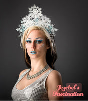 SnowFlake Ice Halo White Queen Crown Fairy Princess Frosting Fantasy Headdress Frozen Maiden Winter Lady Fascinator Blue Headpiece Costume Party Headband Festival Hand Made Unique New Orleans Parade Carnival Cosplay Dapper Day Unseelie Theatrical