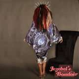 Astrology Art Nouveau Fringe Bat Wing Fortune Teller Dressing Gown Kimono Cocoon Robe Star Navy Blue Silver Zodiac Moon Duster Occult Priestess Belly Dance Wrap Wicca Burlesque Fantasy Flowing Costume Mystical Festival Goddess Majestic Bohemian Celestial