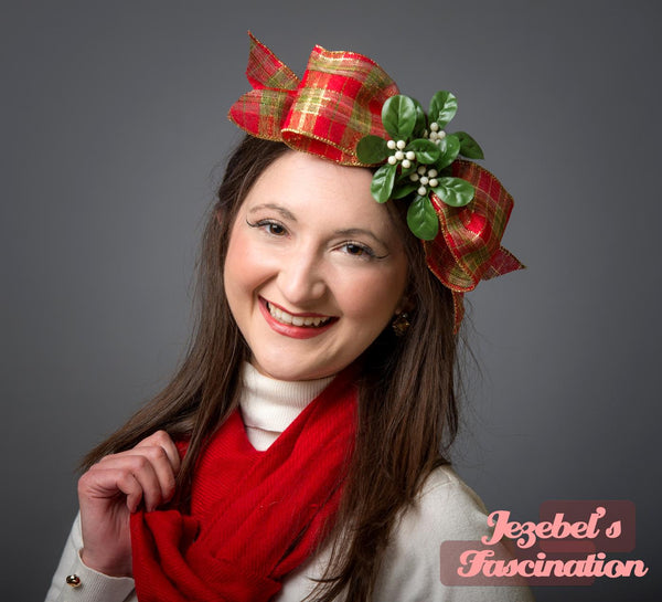 Mistletoe Red Gold Plaid Fascinator Novelty Berry Green Ribbon Hand Made Ugly Tacky Christmas Sweater Rustic Bow Headpiece Holiday Headwear Unique Kitsch Kitschmas Dance Party New Orleans Yule Accessories Headwear Jezebel's Fascination Funny Novelty