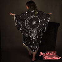 Crescent Moon Phases Crystal Kimono Beaded Fringe Duster Fortune Teller Bohemian Oracle Goddess Bat Wing Witch Dressing Gown Celestial Festival Cocoon Robe Art Nouveau Black White Poiret Hecate Drag Queen Burlesque Costume Occult Gothic Romantic Priestess