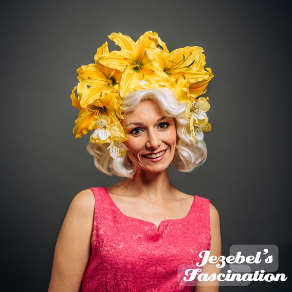 Large Yellow Lily Flower Crown Floral Derby Horse Races Headpiece Electric Forest Garden Tea Party Headdress Summer Spring Easter Bonnet Parade Fascinator Bohemian Goddess Fantasy Fairy Renaissance Theater Dapper Day Costume Festival Carnival Maternity