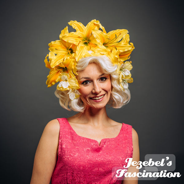 lily flower costume Large Yellow Lily Flower Crown Floral Derby Horse Races Headpiece Elec – Jezebel's Fascination