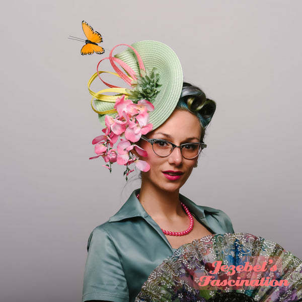 Sage Green Pink Yellow Butterfly Fascinator Dapper Day Spring Summer Floral Headpiece Pastel Formal Country Horse Races Show Derby Preakness Belmont Ascot Hatinator Hand Made Unique Garden Tea Party Festival Theater Easter Bonnet Parade Romantic Headwear
