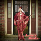 Majestic Dark Red Maroon Damask Brocade Robe, Regal Fortune Teller Art Nouveau Reveal, Vampire Costume Kimono, Bat Wing Bohemian Dressing Gown, Cocoon Beaded Fringe Duster Drag Queen Burlesque Flowing Jacquard My Fair Lady Royal Romantic New Orleans