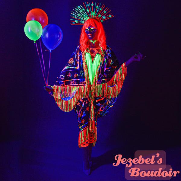 Neon UV Reactive Rainbow Witch Duster, Black Light Glow Celestial Kimono, Crescent Moon Star Sun Fringe Dressing Gown, Planet Fortune Teller Robe, Flowing Oracle Occult Priestess Pagan Dance Flowing Costume, Mystical Fantasy Goddess Majestic Bohemian