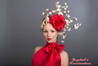 Large Rose Carnevale Cherry Blossom Fascinator Red White Flower Derby Headdress Dogwood Branches Hair Flower Race Headpiece Floral Hat Belmont Preakness Unique Hand Made Headwear Romantic Gardent Tea Party Dapper Day Formal Wedding Spring Summer Wedding