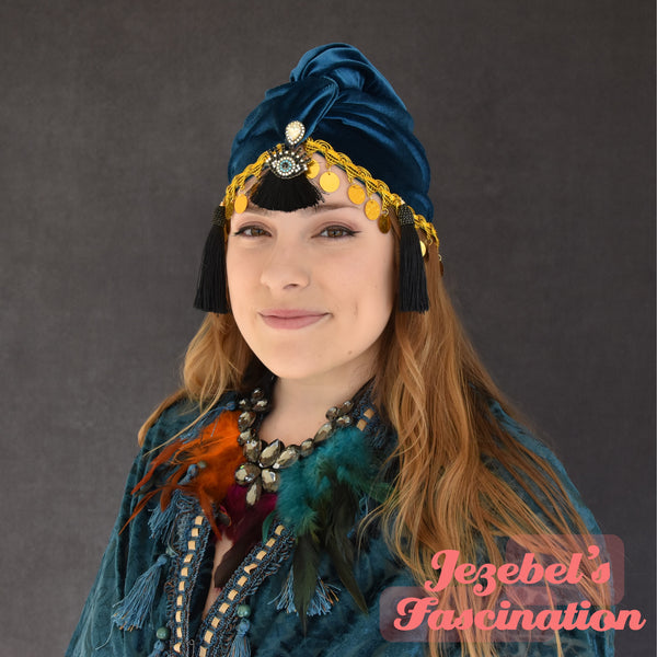 Teal Velvet Oracle Turban Fortune Teller Oddity Mystic Third Eye Headpiece 1920s Witch Fortune Teller Party Festival Black Magic Headwrap Costume Burlesque Belly Dance Queen Theater Art Deco Nouveau Gothic Romantic Hand Made Unique Gypsy New Orleans