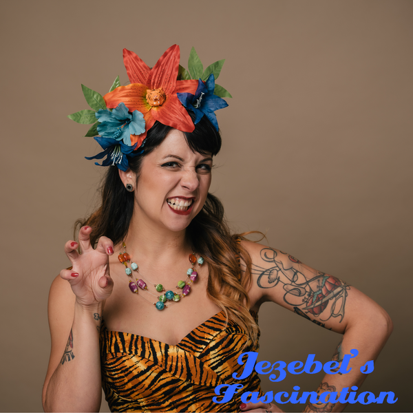 Tiger Lily Pin Up Luau Jungle Headpiece Tiki Tropical Funny Fascinator Blue Hawaiian Oasis Headdress Hibiscus Hair Flower Hukilau Crown Orange Hand Made Funny Quirky Unique Garden Party Exotic Dapper Day Polynesian Pop Novelty