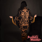 Hecate Triple Moon Witch Goddess Crescent Tarot Kimono Fringe Duster Fortune Teller Bohemian Oracle Burning Man Bat Wing Dressing Gown Oddity Festival Cocoon Robe Art Nouveau Black Gold Poiret Drag Queen Burlesque Costume Occult Gothic Romantic Priestess
