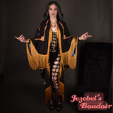 Hecate Triple Moon Witch Goddess Crescent Tarot Kimono Fringe Duster Fortune Teller Bohemian Oracle Burning Man Bat Wing Dressing Gown Oddity Festival Cocoon Robe Art Nouveau Black Gold Poiret Drag Queen Burlesque Costume Occult Gothic Romantic Priestess