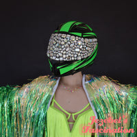 Alien Head Costume Neon Green UV Reactive Festival Cyber Punk Motorcycle Helmet Queen Sci Fi Headdress Costume Rave Headpiece Galaxy Space Mardi Gras Carnival Cosplay Lime EDC New Orleans Jezebel's Fascination