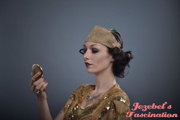 1920s Gold Gatsby Flapper Headband Circus Burlesque Exotic Showman Goddess Costume Showgirl Costume Fascinator Art Deco Nouveau Headpiece Headdress Gothique Romantique Dance Unique New Orleans Hand Made Wedding Bridal Gothic Romantic