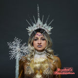 Ice Queen Witch Headdress Light Up Unseelie Celestial Silver White Icicle Spiked Crown Snow Wicked Evil Winter Costume Empress Festival Headpiece