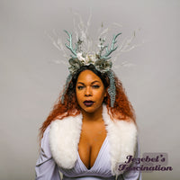 Silver Winter Deer Antlers Fantasy Nature Headdress Rose Flower Crown Wild Grey Gray Frost White Frozen Snow Woodland Doe Gray Festival Costume Headpiece Carnevale Parade New Orleans Carnival Branches Unique Hand Made Cosplay Novelty Theatrical