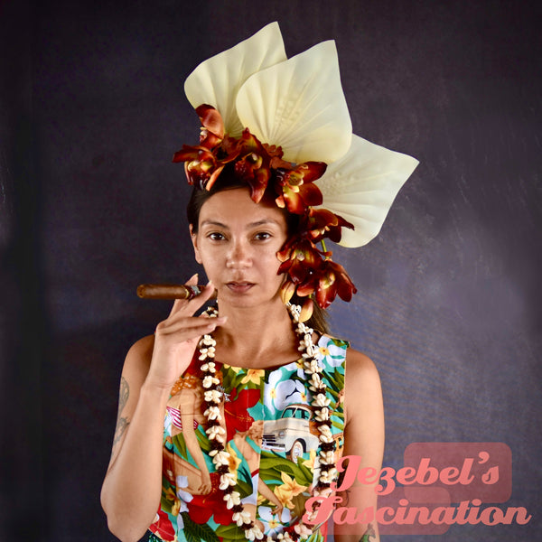 Luau Tiki Jungle Orchids Hair Flower, Havana Nights Palm Spear Tropical Headdress, Red Brown Orange Cream Exotic Floral Headpiece, Oasis Jungle Hukilau Headband, Polynesian Pop Burlesque Festival Fascinator Hawaiian Queen Caribbean