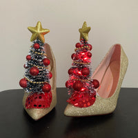 Tacky Winter Christmas Tree Lights High Heel Pump Shoes Snowflake Light Up Yule Princess Kitschmas Ugly Sweater Party White Blue Silver Decorated Hand Made Glitter Kitsch Mini Star Holidays Jezebel's Fascination