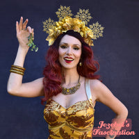 Large Golden Poinsettia Flower Crown, Ugly Christmas Sweater Headpiece, Winter Yule Hold Hollywood Glam Headband, Novelty Kitschmas Party Headdress Snowflake Headpiece Drag Queen Hand Made Unique New Orleans Festival Accessories Jezebel's Fascination