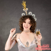 New Year’s Eve Headpiece, NYE Champagne Glass Headband, Disco Ball Cheers Celebration Bubbly Sparkling Wine Celebrate Unique Quirky New Orleans Festival Carnival Hand Made Kitsch Accessories Crown Glam Holidays Novelty Bubbles