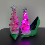 Tacky Winter Christmas Tree Lights High Heel Pump Shoes Snowflake Light Up Yule Princess Kitschmas Ugly Sweater Party White Blue Silver Decorated Hand Made Glitter Kitsch Mini Star Holidays Jezebel's Fascination