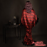 Red Art Nouveau Feather Bat Wing Dressing Gown Gothic Fringe Witch Occult Satanic Baphomet Demon WGT Duster Damask Devil Cocoon Robe Burgundy Poiret Kimono Flowing Black Magic 666 Queen Burlesque Costume Goddess Majestic Halloween New Orleans